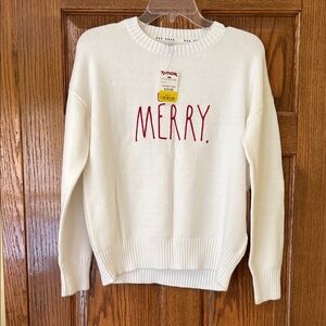 Rae Dunn Cream Sweater with Red 'Merry' Design